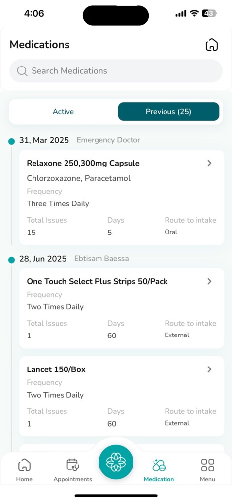 Almana | المانع - Diese Sektion ermöglicht die effiziente Überwachung von Medikamenten, kategorisiert in 'Active' und 'Previous'-Tabs, mit detaillierten Informationen zu Dosierung und Häufigkeit der Einnahme.