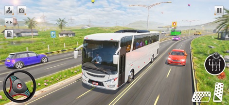 Bus Simulator Driving Game 3D - Esta vista de juego muestra un autobús en carretera abierta con tráfico y un detallado selector de marchas, sumergiendo al conductor en la experiencia de simulación.