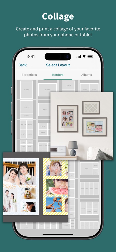 Epson Creative Print - Questo strumento permette agli utenti di selezionare layout predefiniti per i loro collage, come si vede nell'interfaccia 'Select Layout', e visualizza esempi di come le foto si integrano artisticamente in un unico pezzo incorniciato.