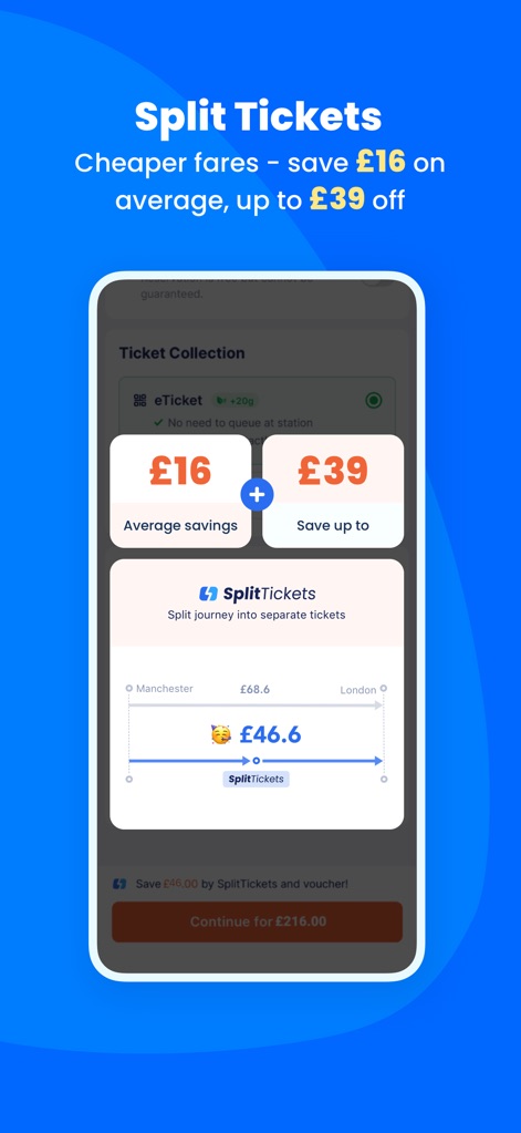 TrainPal: UK& EU train tickets - Dieses Tool demonstriert die Funktion der geteilten Tickets, indem es prominent die durchschnittliche Ersparnis von £16 und die Möglichkeit, bis zu £39 zu sparen, visualisiert und ein konkretes Beispiel einer geteilten Reise von Manchester nach London aufzeigt.