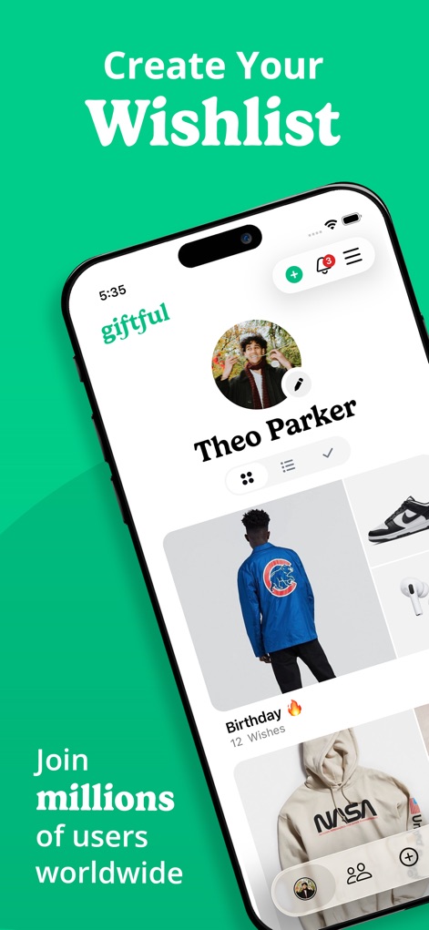 Giftful - Wishlist & Registry - Users can effortlessly set up their profile with a personalized picture and manage multiple wishlists, such as the displayed 'Birthday' list with '12 Wishes'.