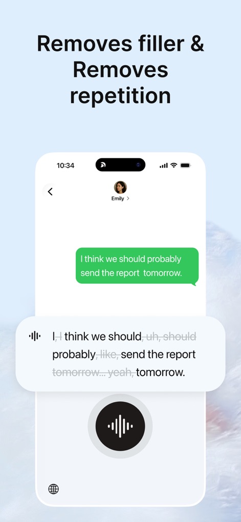 Typeless: AI Voice Keyboard - L'application épure automatiquement le langage. Elle supprime les mots de remplissage comme 'euh' et les répétitions pour produire un message clair et professionnel.