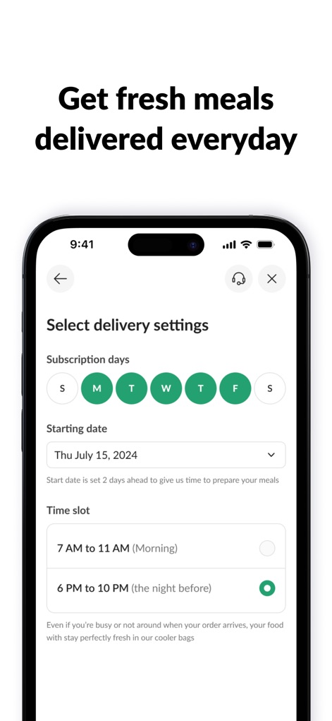 Calo - كالو - Users can manage their delivery settings through the app's intuitive interface, selecting preferred subscription days and specific time slots for meal arrival.