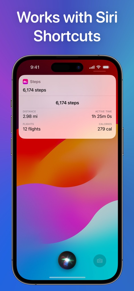 Steps - Activity Tracker - A captura ilustra a 'integração com Siri Shortcuts', onde o assistente exibe o total de passos e 'detalhes de atividade' como distância e calorias, diretamente ao comando de voz.