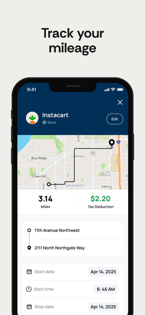 Solo: Your Gig Business App - Esta herramienta ofrece un seguimiento automático del kilometraje, destacando un valor de "3.14 Millas" recorridas y una "Deducción fiscal" asociada de $2.20, facilitando la preparación de impuestos.