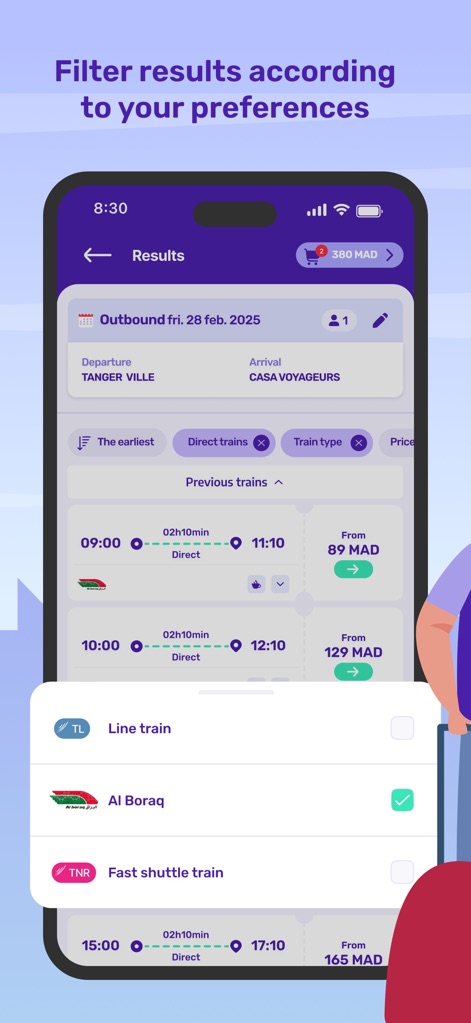 ONCF Voyages - L'application permet d'affiner les résultats de recherche grâce à des filtres intelligents pour le type de train et le prix, et offre des options de tri précises pour optimiser les choix des voyageurs.