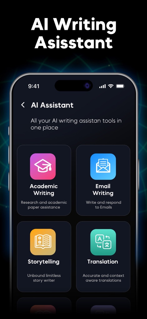 Chatbot AI Assistant ChatPrime - The app offers a suite of comprehensive writing tools, including dedicated sections for 'Academic Writing' and 'Storytelling' to assist various content creation needs.
