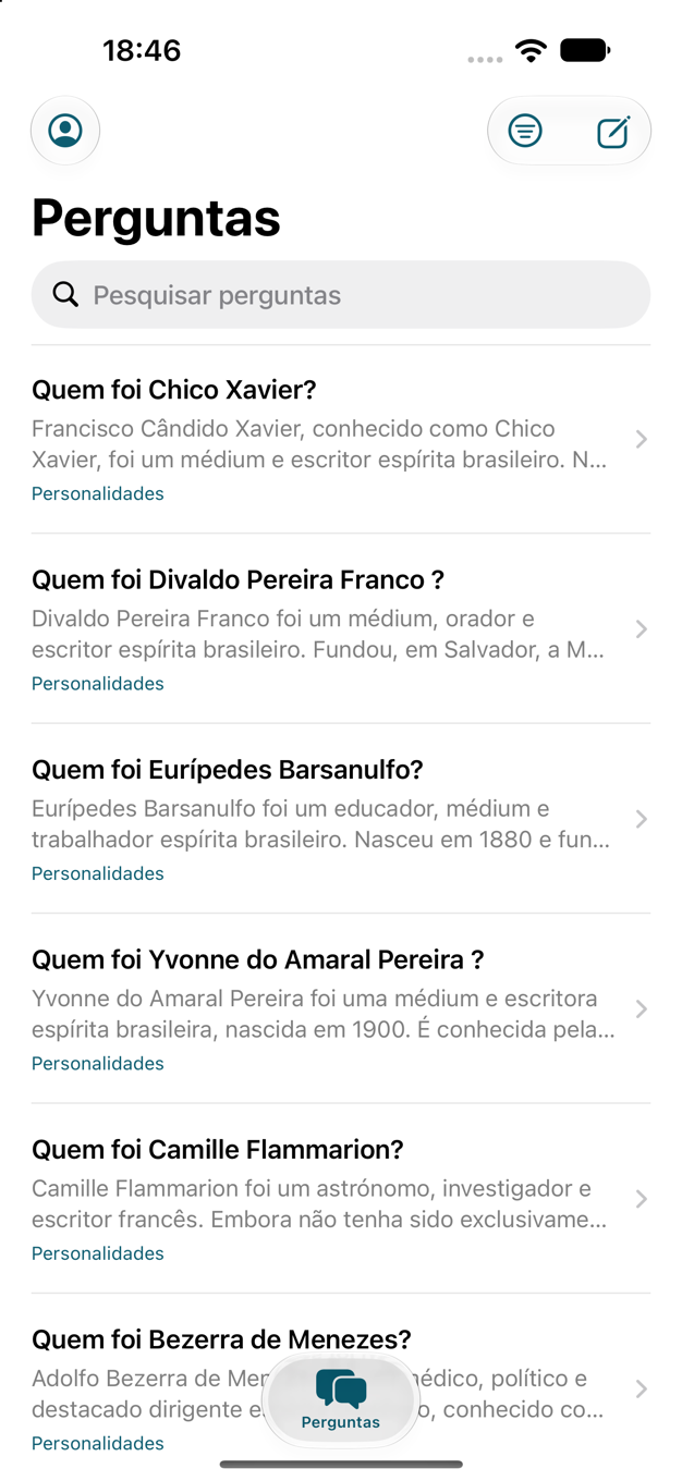 Ecrã iPhone da aplicação Faq Espírita