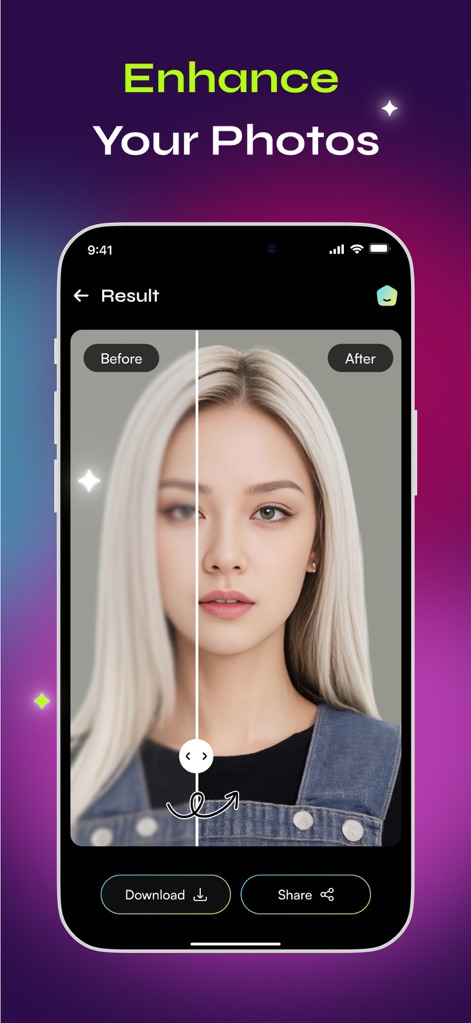 AIPhoto: Image Video Generator - Observe a transformação de uma imagem com a funcionalidade de aprimoramento, evidenciada pela comparação 'Antes' e 'Depois' e pelas opções claras de Download e Compartilhar.