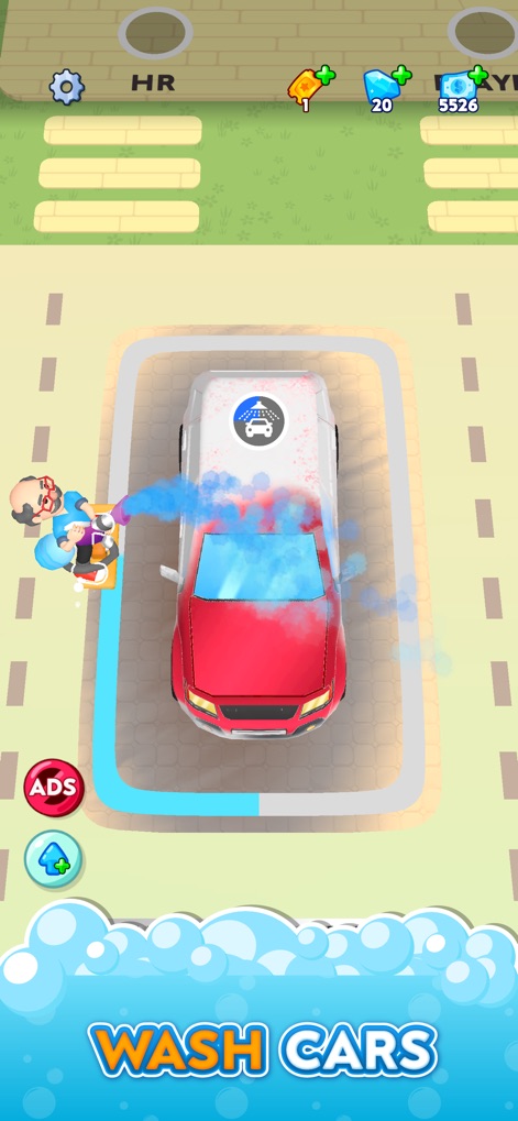 Laundry Rush - Idle Game - Experience the dynamic car wash process, highlighting the powerful water jets and the rich soapy suds that cleanse vehicles.