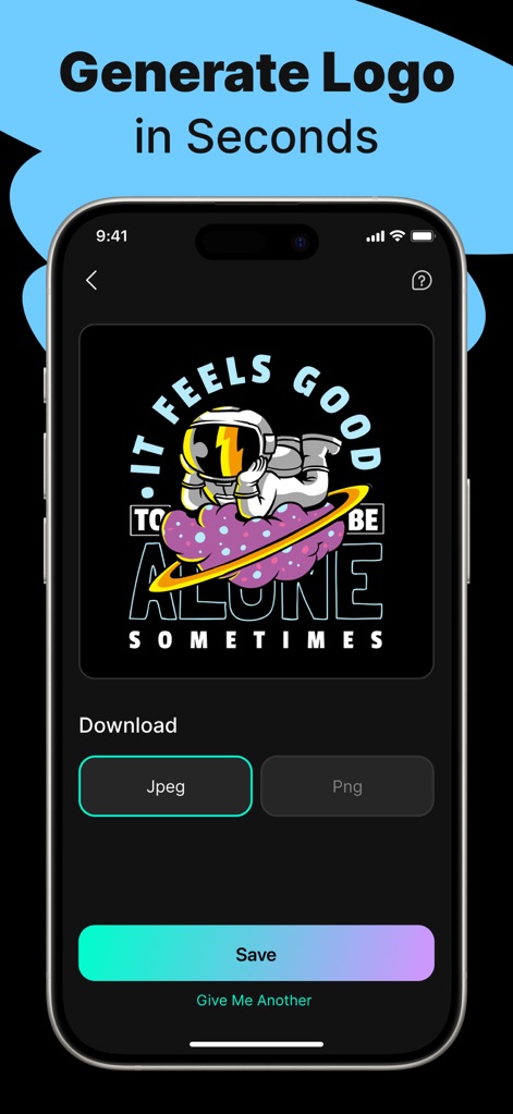 Logo Maker - AI Art Design - Gli utenti possono visualizzare immediatamente i loghi generati dall'AI e scegliere tra formati di download essenziali come "Jpeg" o "Png" per una rapida esportazione.