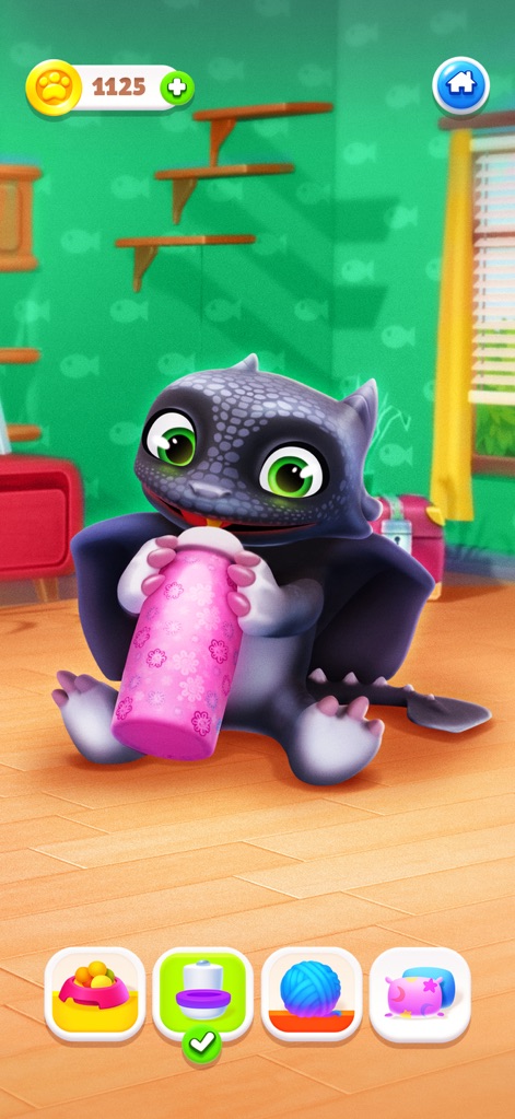 My Dragon - Virtual Pet Game - Observe the app's interactive care mechanics as the dragon sips from its bottle, illustrating daily routines within a cozy virtual room setting.