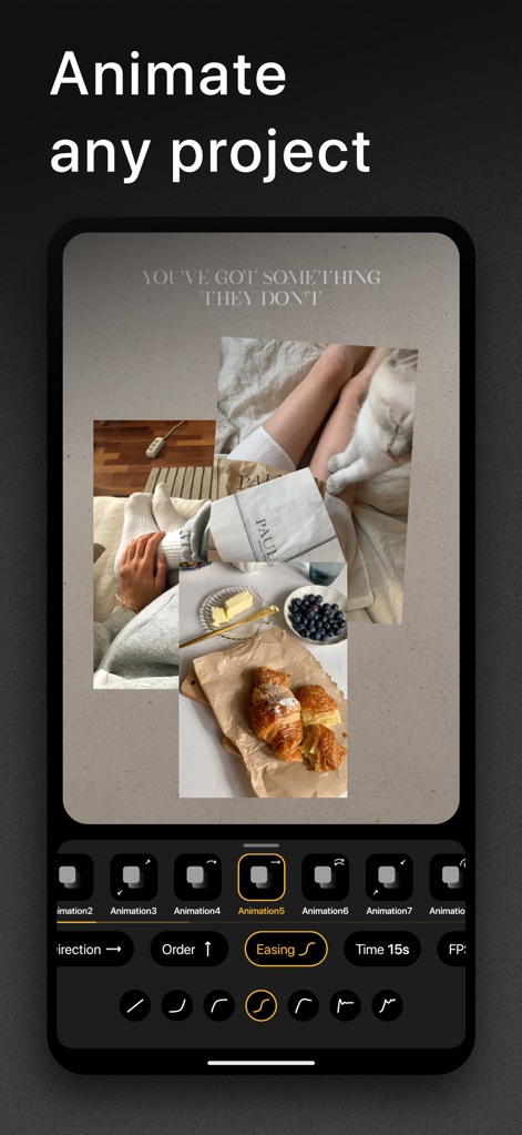 Graphionica: Story Maker - Bring stories to life with powerful animation features, allowing users to apply various 'Animation' styles and fine-tune motion with granular controls like 'Easing' and time duration.