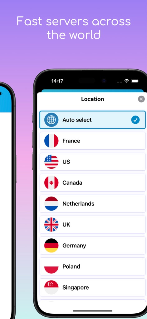SuperVPN Fast VPN Client - O aplicativo oferece uma extensa "Location" list, permitindo aos usuários escolherem entre diversos servidores globais e utilizando a opção "Auto select" para otimizar a conexão.