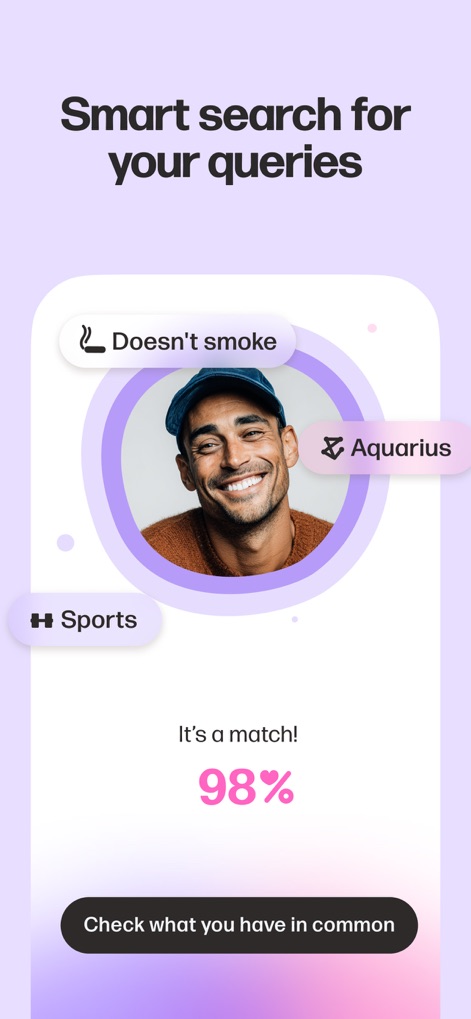 Mamba: Dating, Meet New People - L'applicazione permette una ricerca avanzata tramite filtri dettagliati come 'Doesn't smoke' e 'Aquarius', mostrando una percentuale di compatibilità elevata come il '98%'.