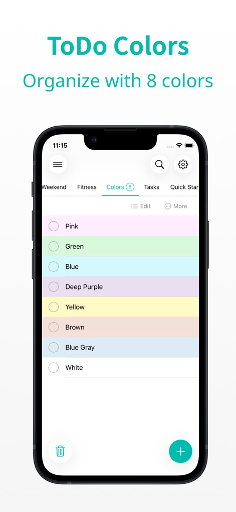 Minimal Tabbed ToDo List - Explore the app's eight distinct color options for tasks, allowing users to visually categorize and quickly identify different types of to-dos within a dedicated 'Colors' tab.