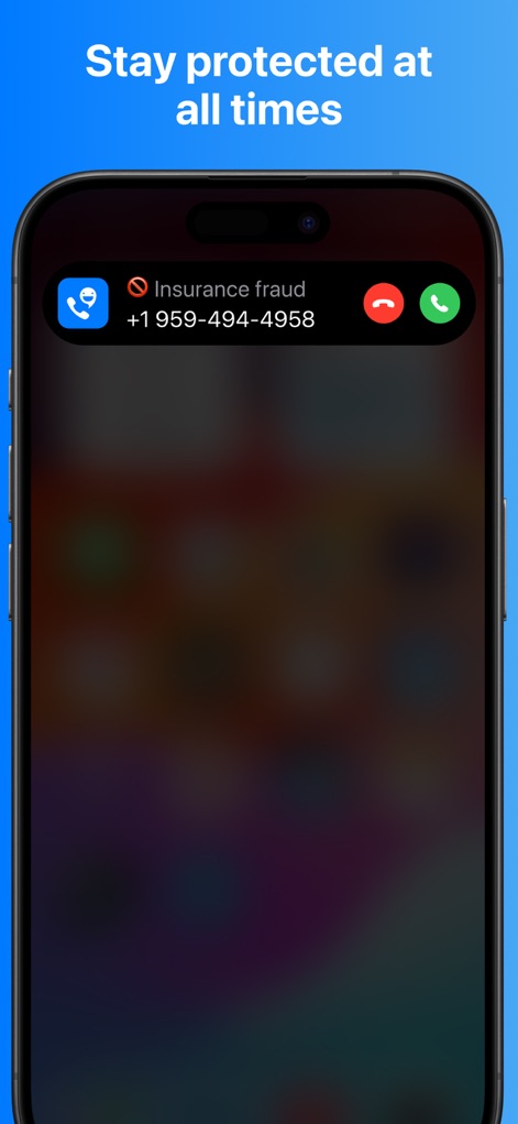 CallApp - Esta herramienta demuestra su capacidad para alertar sobre llamadas no deseadas, como la identificación de un posible "Insurance fraud", mostrando el número de teléfono y un icono de advertencia en la pantalla de llamada.