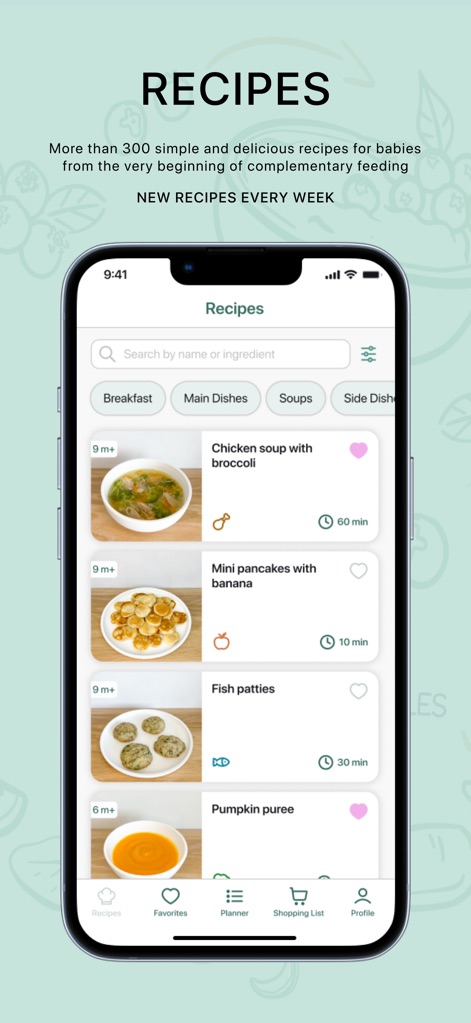 Baby Plates - Die App präsentiert eine vielfältige Auswahl an Rezepten mit ansprechenden Bildern und klaren Altersangaben, damit Nutzer altersgerechte Mahlzeiten finden können.