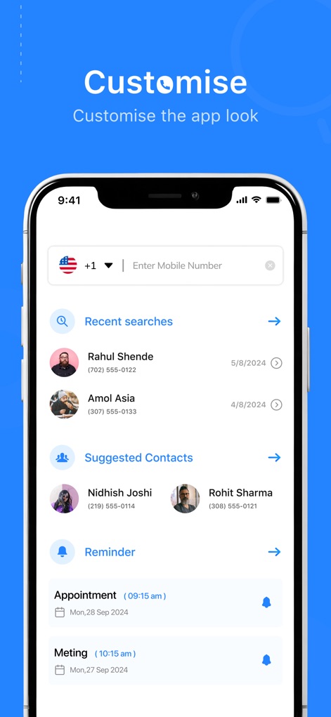 True: Call ID &Number Search - Users can efficiently search for mobile numbers using the top input field and manage appointments through the integrated reminder list below.