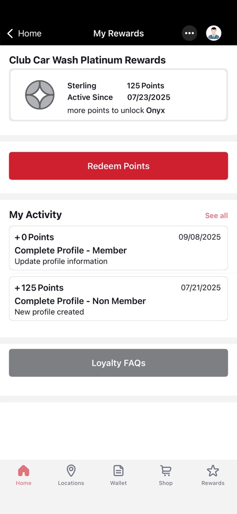 Club Car Wash - The app showcases users' 'Club Car Wash Platinum Rewards' status, displaying their current 'Sterling' level and detailing point activity in 'My Activity'.