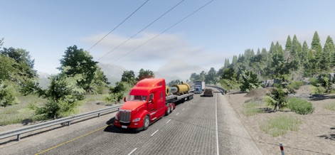 Truck Simulator Big Rigs - Ein roter Sattelzug transportiert eine überdimensionale zylindrische Ladung entlang einer malerischen Bergstraße, die die weitläufige Umgebung der App zeigt.
