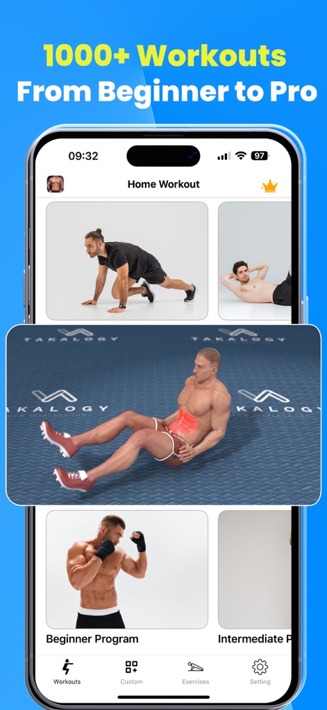Home Workout - Fitness Planner - The app offers an extensive library of over 1000 workouts, ranging from beginner programs to advanced exercises, illustrated with clear animations.