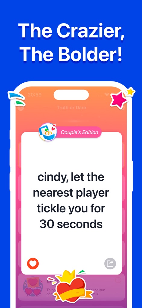 Truth or Dare?Spicy Dirty game - L'app propone sfide audaci e divertenti, come "cindy, let the nearest player tickle you for 30 seconds", visualizzata in una carta "Couple's Edition" con elementi grafici festosi come cuori e stelle.