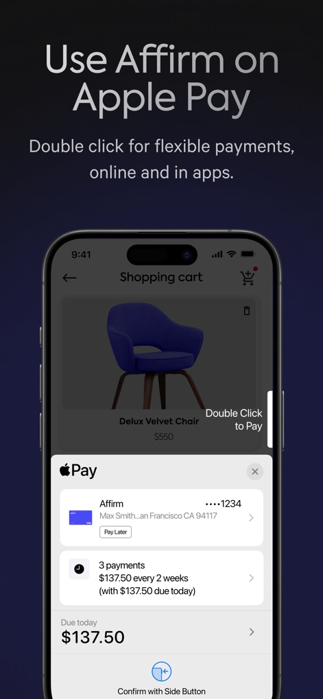Affirm: Buy now, pay over time - The screenshot illustrates the app's integration with Apple Pay, enabling users to select flexible payment options directly from the secure payment sheet and confirm with a double-click.