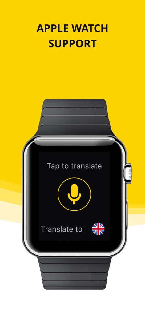 Translator Guru: Voice & Text - Los usuarios pueden traducir cómodamente desde su Apple Watch, donde se visualiza un micrófono para la entrada de voz y la opción de traducir a "English".