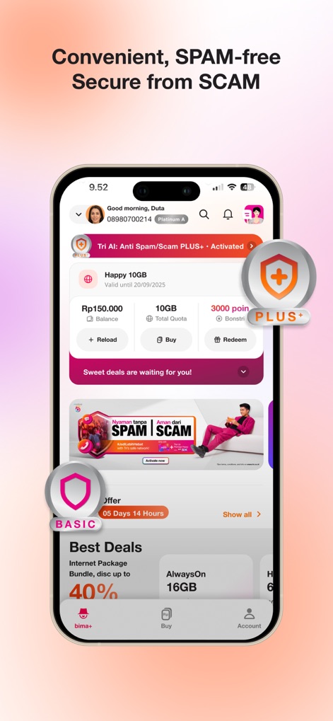 bima+ - Users can instantly verify their security status with the prominent "Anti Spam/Scam PLUS+" banner and view their loyalty tier via the "Platinum A" badge.