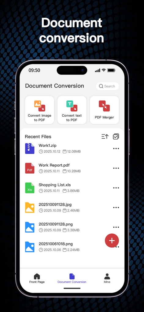Zip, RAR, 7z File Extractor - Discover the app's robust document conversion features, including 'Convert image to PDF' and 'PDF Merger' options, alongside a clear list of recent files.