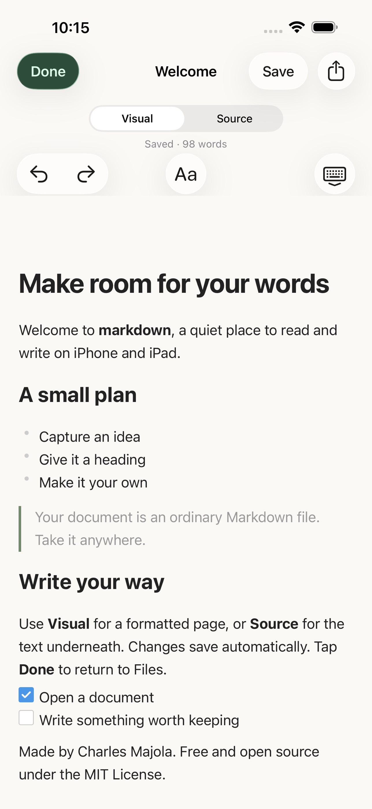 Screenshot 1 of markdown — visual editor
