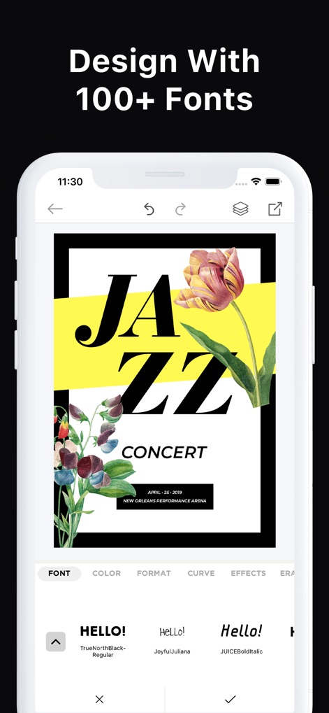 Poster Maker + Flyer Creator - Exprimez votre style unique grâce à une bibliothèque de plus de 100 polices de caractères diverses et aux options de formatage avancées, qui permettent de jouer avec la couleur et les effets pour un texte parfaitement adapté.