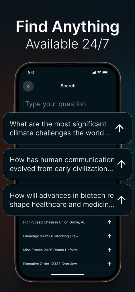 DeepScan: AI Search Assistant - The app offers a clear 'Type your question' search interface, complemented by a list of relevant suggested topics to streamline information discovery.