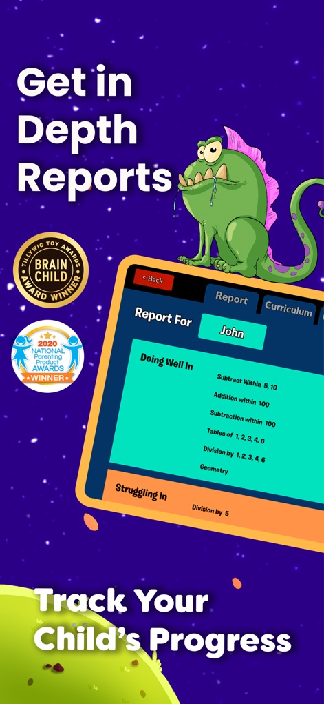 Math Facts Fun Practice Games - 이 스크린샷은 '개별화된 학습 보고서'를 통해 아이의 학습 진도를 상세히 추적할 수 있음을 보여줍니다. '영역별 학습 성과 분석'으로 학부모는 자녀의 강점과 보완이 필요한 부분을 명확히 파악할 수 있습니다.