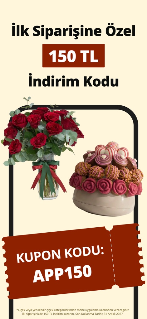 Çiçeksepeti - Çiçek & Hediye - L'application récompense les nouveaux utilisateurs avec un code de réduction exclusif de 150 TL, clairement affiché comme "APP150" pour maximiser les économies.