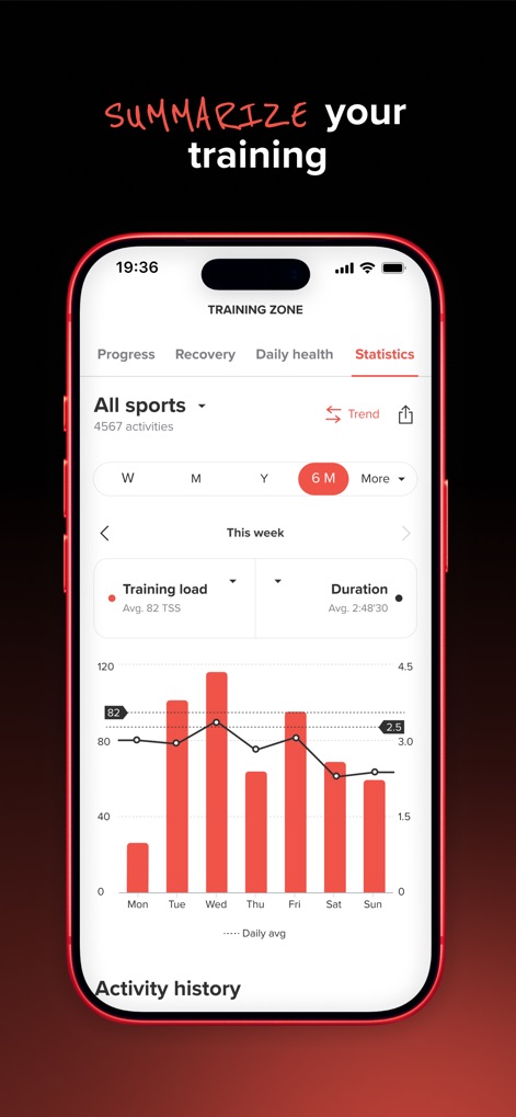 Sports Tracker: Run Bike Hike - La sección de estadísticas proporciona un resumen visual de la carga de entrenamiento y la duración, presentado en gráficos semanales o mensuales.