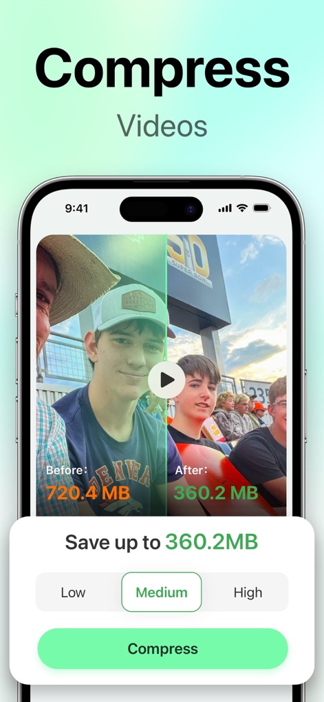 SwipeClean: Storage Cleanup - 動画の品質を維持しつつ、ファイルサイズを効率的に圧縮してストレージを節約します。ユーザーは「Before」と「After」のファイルサイズ比較を通じて効果を把握し、「Low」「Medium」「High」から圧縮レベルを選択できます。