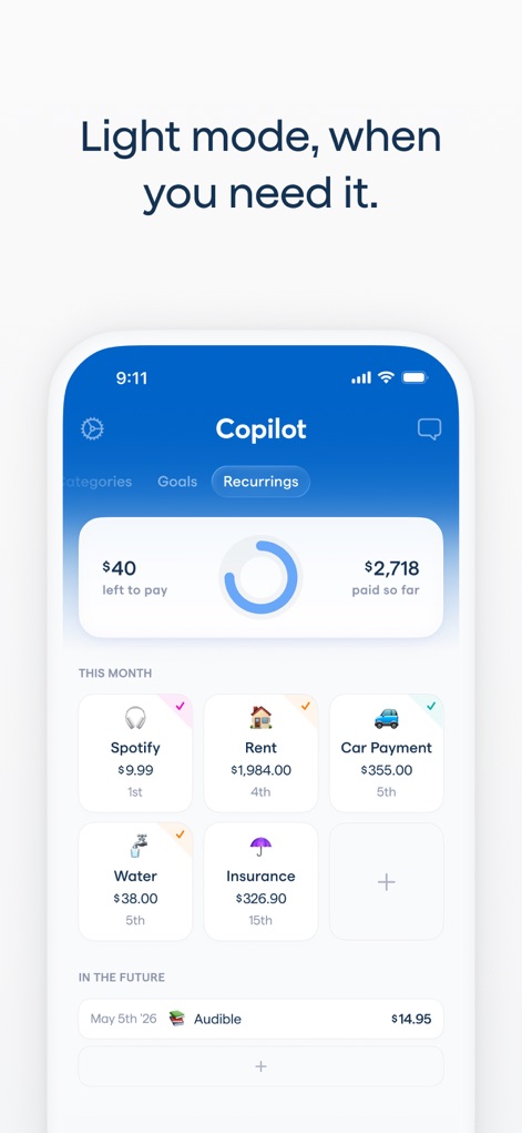 Copilot: Track & Budget Money - The app offers personalized visual experiences, allowing users to switch between the default dark mode and a bright, clear light mode, as seen in the 'Recurrings' screen layout.