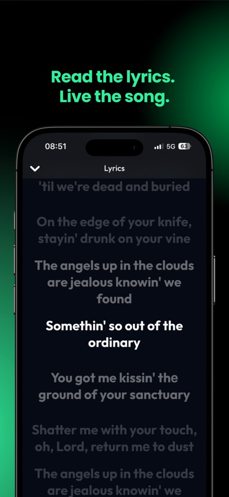 Lyra - Music, Radio, eSound - Experience music more deeply with the live lyrics view, featuring real-time scrolling text and a clear, bold font for optimal readability.
