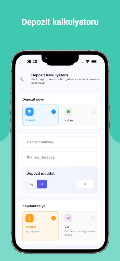 Kredit Hesabla - PulApp - Gli utenti possono calcolare i rendimenti dei loro depositi bancari, scegliendo tra diversi 'Depozit növü' (tipi di deposito) e gestendo l'opzione di 'Kapitalizasiya' (capitalizzazione degli interessi) per massimizzare i guadagni.