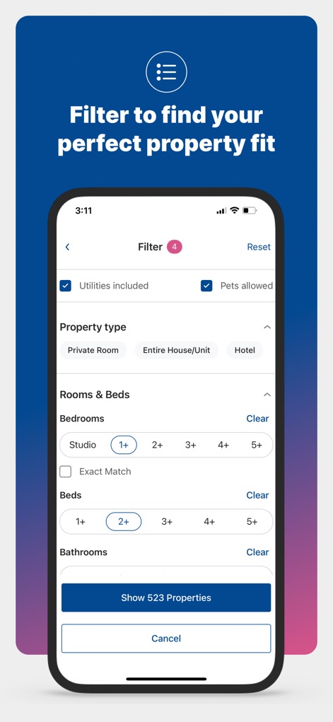 Furnished Finder - Users can pinpoint their perfect property fit using advanced filters for property type and specific bedroom counts.