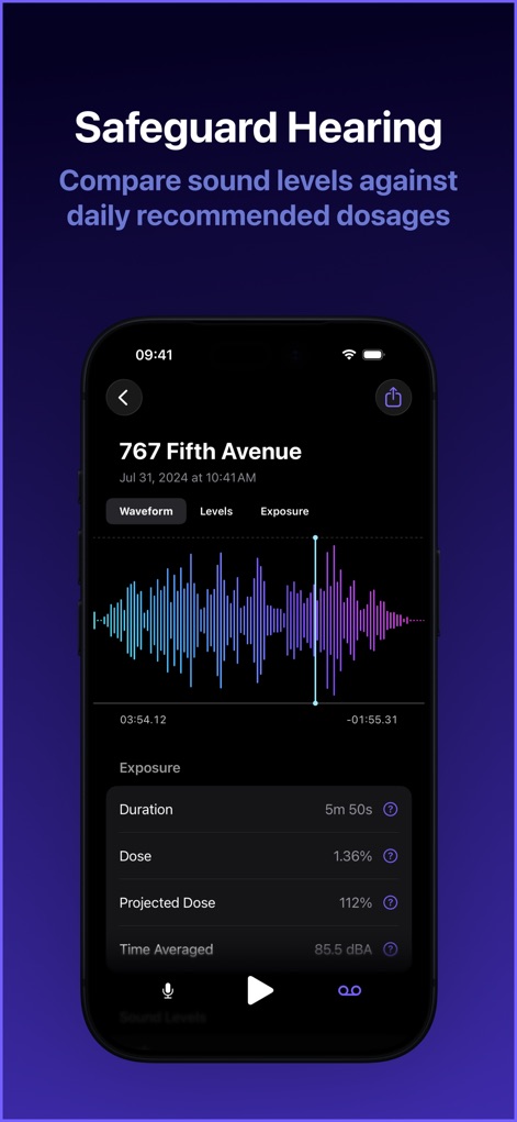 Decibel dB Sound Meter Ultra - Review sound exposure with a clear waveform visualization and critical metrics like Dose percentage and Projected Dose for safety monitoring.