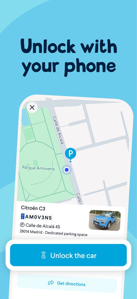 Amovens | Car rental - Experience the convenience of the app's 'Unlock the car' feature, complemented by precise map directions to guide users directly to their reserved vehicle.