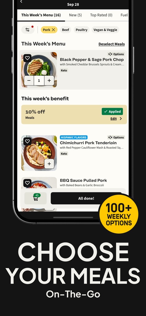 Factor_ Prepared Meal Delivery - Die App-Oberfläche präsentiert die Wochenmenüauswahl mit verschiedenen Filteroptionen wie „Pork“ und „Vegan & Veggie“, um Nutzern eine personalisierte Auswahl aus über „100+ WEEKLY OPTIONS“ zu ermöglichen.