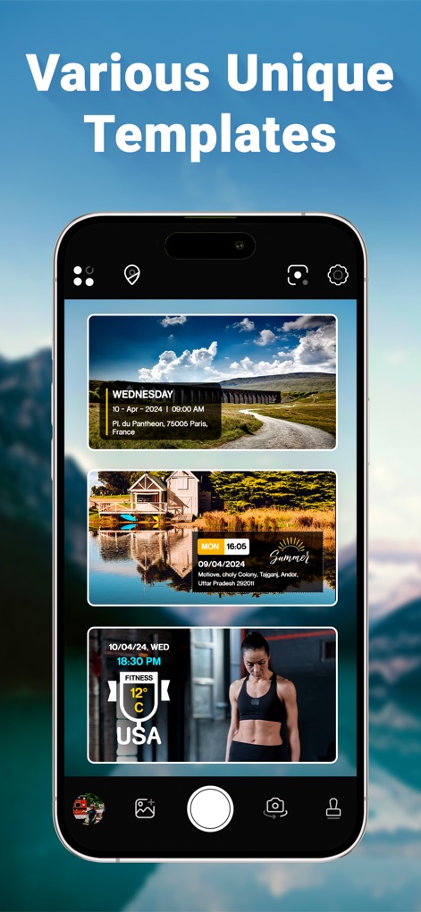 Timestamp - GPS Map Camera - Explore the array of unique templates available, allowing users to customize their photo stamps with varied designs and integrated elements like weather icons and temperatures.