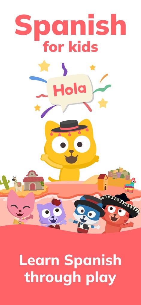 Learn Spanish – Studycat - This vibrant splash screen showcases the app's adorable cat characters and the welcoming "Hola" speech bubble, setting a fun tone for young learners.