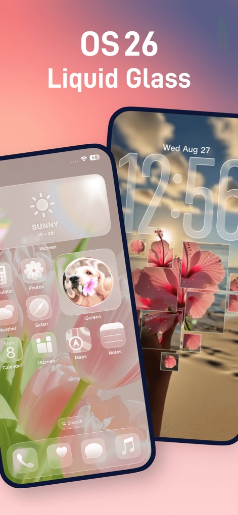 iScreen - Widgets & Wallpaper - Discover how the app transforms interfaces with the sleek iOS 26 liquid glass effect and customizable transparent widgets like Weather and Calendar.