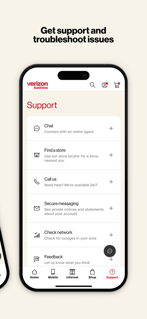 My Verizon For Business - O aplicativo integra uma opção de "Chat" para assistência imediata e a funcionalidade "Verificar rede" para diagnóstico rápido de problemas, garantindo suporte eficaz.