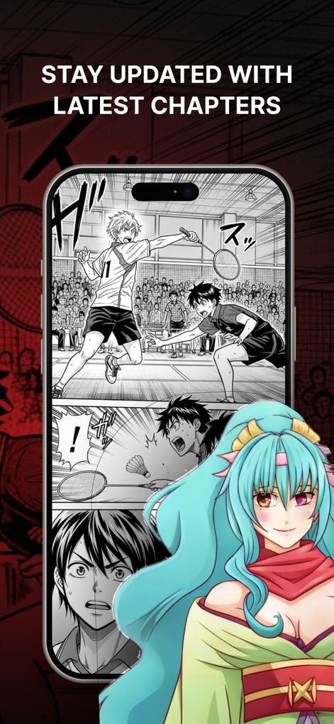 Manga Reader Infinity - La aplicación mantiene a los usuarios "STAY UPDATED WITH LATEST CHAPTERS" y muestra un "panel de lectura" detallado del manga.